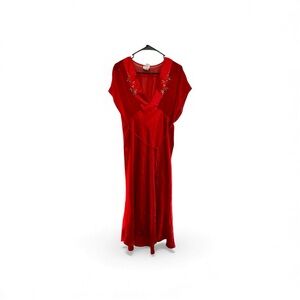 Vintage Y2K Delicates Vibrant Red Slip Dress with Rose Embroidery Large